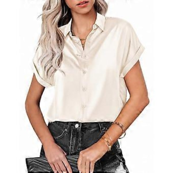 Dame Satin Skjorte Sort Grøn Hvid Revers Knap Kortærmet Toppe Løs Bluse til Kvinder (XXL abrikos)
