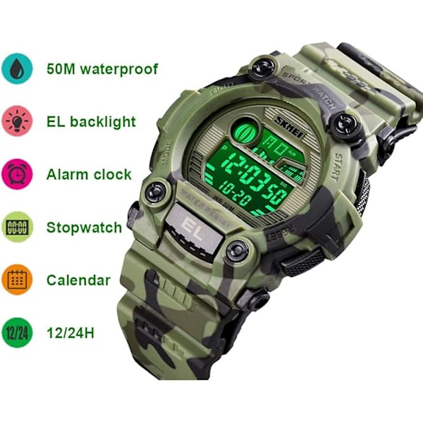 Pojkar Camouflage LED Sport Barnklocka Vattentät Digital Elektronisk