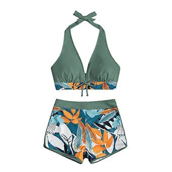 Dame Badedrakt med Bladtrykk, Polstret Bikinisett, Halterneck BH, Sløyfetopp, Høy Livvidde, Boy Shorts, Sommerstrandbadedrakt (L Mørkegrønn)