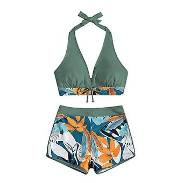 Kvinnors Padded Bikini Set med Lövtryck, Halterneck-BH, Slips-Topp, Hög Midja, Pojk-Shorts, Baddräkt, Sommarstrandkläder (L Mörkgrön)