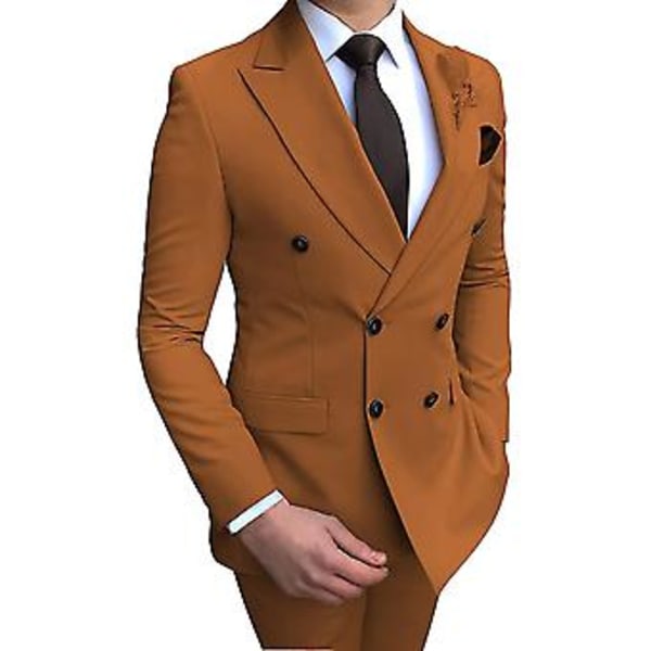 Herrar Dubbelknäppt Blazer Kostym 2 Delar Slim Fit Bröllop Brudgum Tuxedo Peak Lapel Formell Bal Kostymer (En Storlek Vinröd)