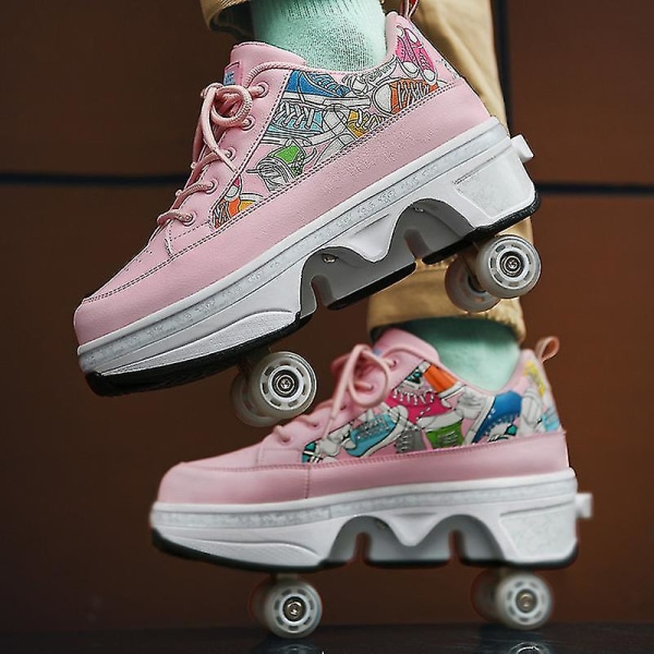Casual Shoes Become Roller Skates In One Second. Four Wheel Dual-purpose Roller Skates Roller Skates Pink Pink 34
