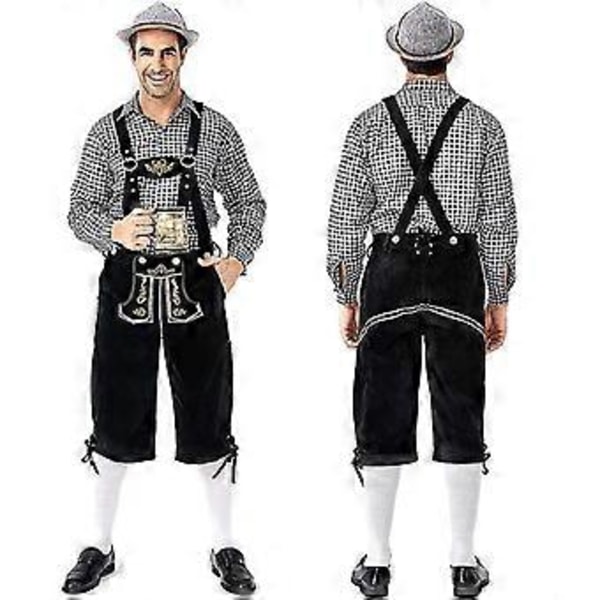 Saksalainen perinteinen miesten Oktoberfest-asu ruudullinen paita brodeeratut henkselit hattusetti (M musta)