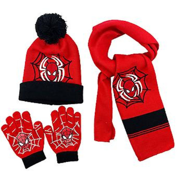 Spiderman Karakter Vinter Varm Strikket Lue Halsduk Hansker Sett Gutter Barn Spider-man Pompom Beanie Lue (A)