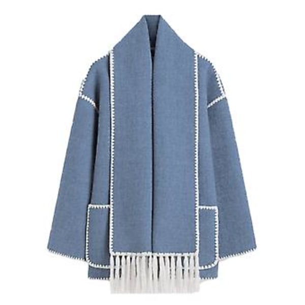 Fashion Single-breasted Tassel Scarf Coat Leisure Thicken Long-Sleeve Coat for Autumn Winter(XL Light Blue)