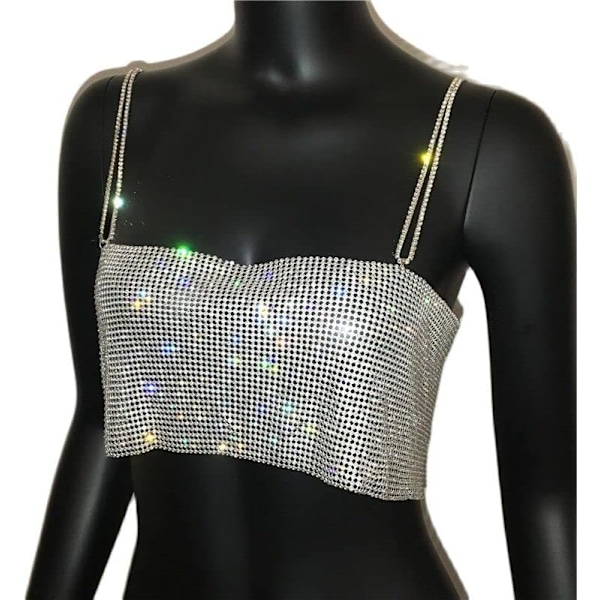 Glitter Crystal Chain Tank Top Glitter Metal Mesh Half Metal Strap Cro
