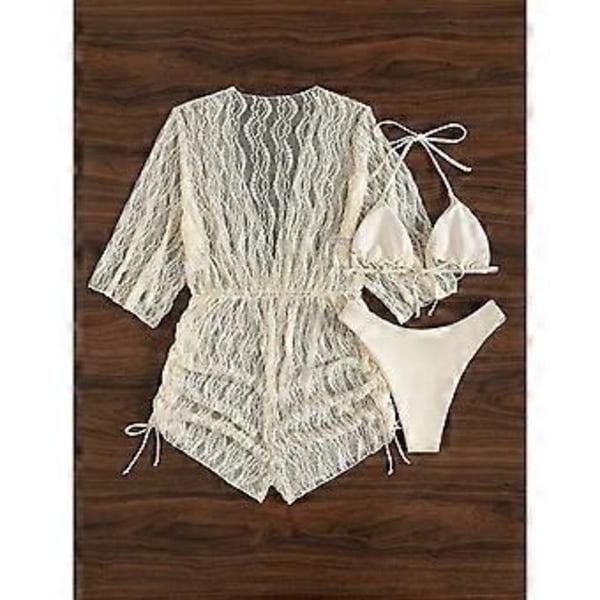 3-delars Dam Badkläder Set BH Hög Skuren Trosor Sommar Badkläder Med Omslag (XL Beige)