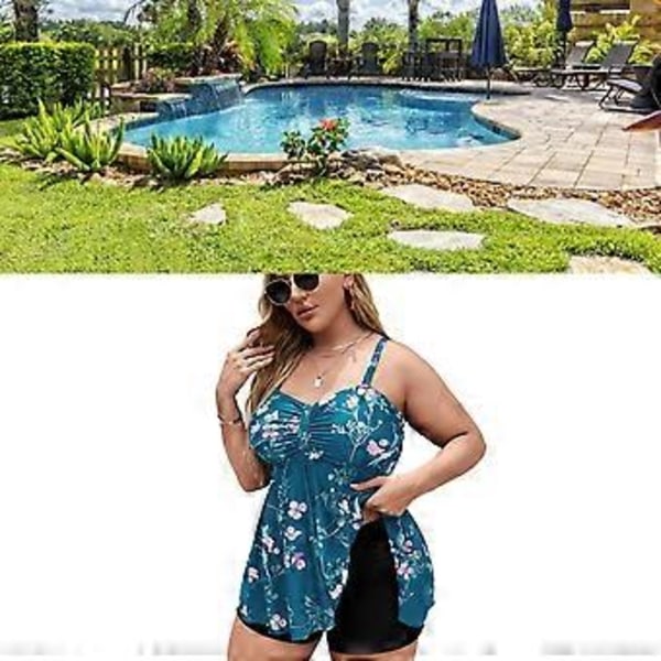Dam Plus Size Baddräkter Blommigt Tryck 2-Delad Tankini Baddräkter med Shorts för Simning Strandfester (2XL Sjöblå Blomma)