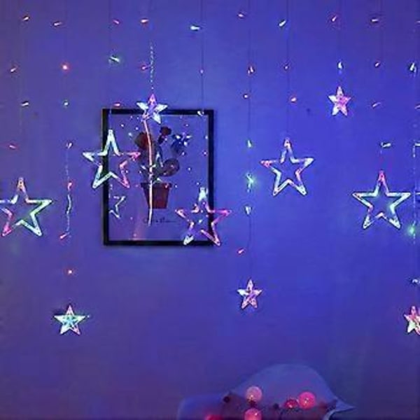 LED lysgardin med stjerner, lyslenker med LED-kuler, 12 LED, lysgardiner, 8 moduser, juledekorasjon for innendørs bruk, soverom, (støpsel m