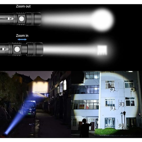 USB-laddningsbar LED-ficklampa, 600 lumen vattentät ficklampa, 4 ljuslägen, zoombar ficklampa för hushåll, camping, vandring, nödsituationer (batteri ingår ej)