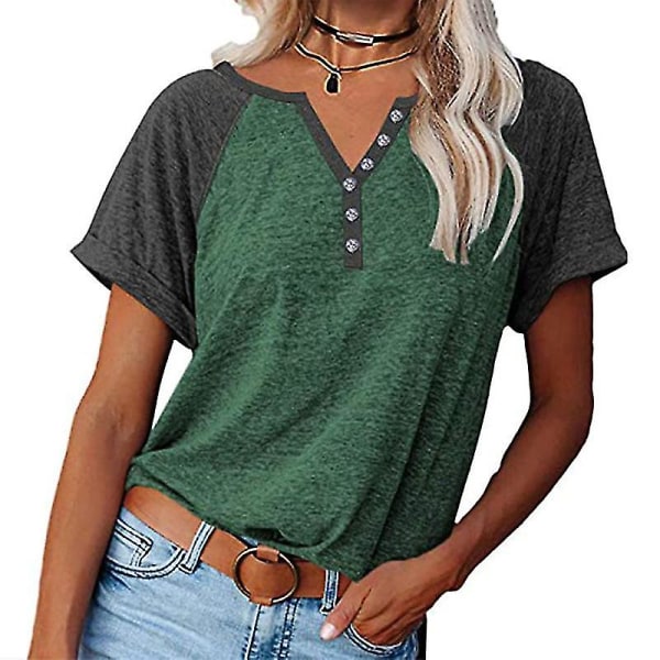 Women Summer Colorblock V-neck Short Sleeve T-shirt Green Green M