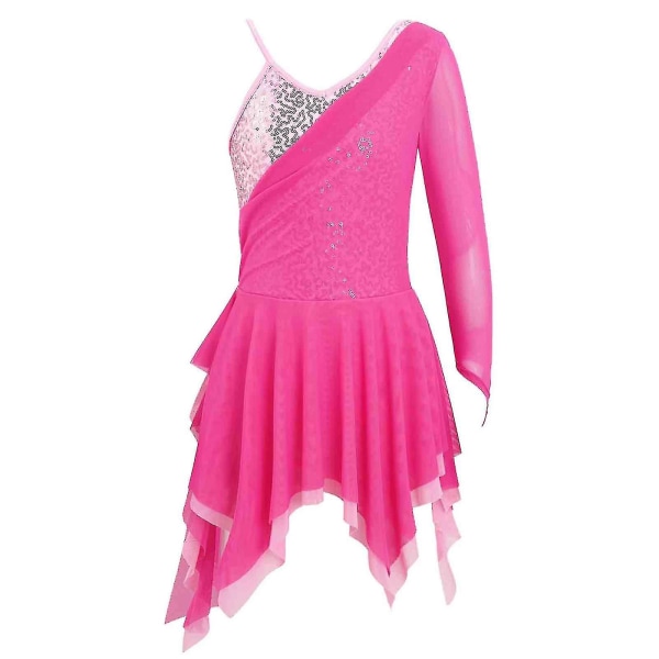 Shiny Sequins Ballet Gymnastics Leotard Dress Kids Girls Single Long Sleeve Mesh Splice Figure Ice Skating Dance Costume.12.B  Purple