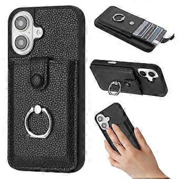 Skal för iPhone 16 Plus Ritningsdesign Kortfack Läder Baksida med Ringstöd (Stil A)
