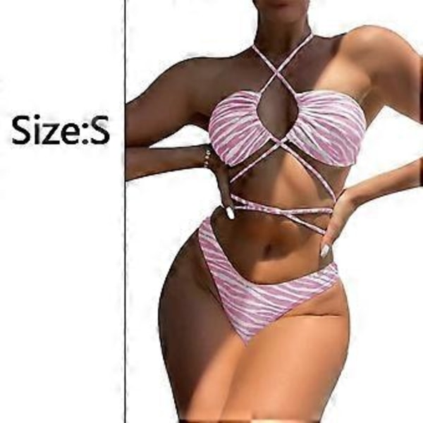 Naisten seksikkäät olkaimet riimulla ristikkäin edestä korkealla leikkauksella stringit 2-osainen bikinisetti uimapuku (S Pinkki)