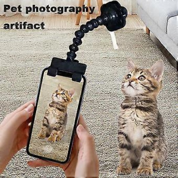 Universal Selfie Stick til Mobiltelefon med Hund, Klem dit kæledyrs yndlingsmad fast for at tiltrække kæledyrets opmærksomhed, Selfie-værktøj til kæledyr (Sort)