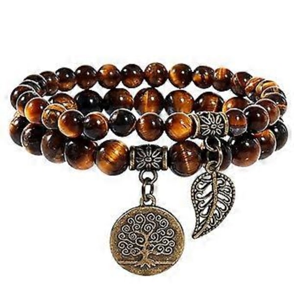 Naturligt halvädelstenar armband för kvinnor - Livets träd och blad charm energi healing Reiki kristall stretch armband
