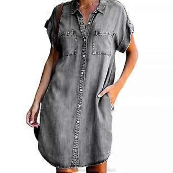 Arrival Sommer Dame Denim Kjole Korte Ærmer Løse A-formede Kjoler S V-hals Ensfarvede Denim Kjoler Skjortekjole 17139(M wow)