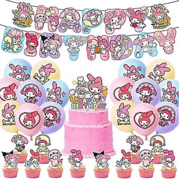 My Melody -piirrettyjen lasten tyttöjen syntymäpäiväjuhlatarvikkeet, joissa on mukana Onnea syntymäpäiväksi -bannerit, ilmapallot, kakku/kupkakakku-koristeet ( )