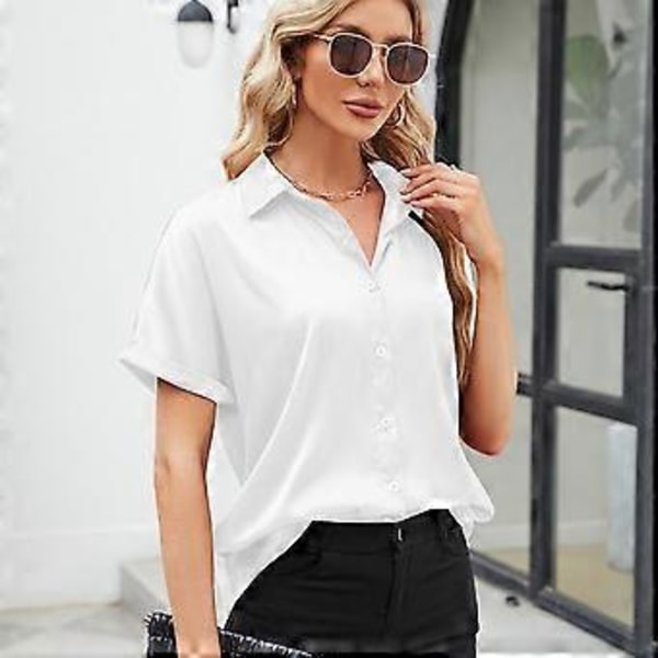 Dam Satin Skjorta Svart Grön Vit Kavajslag Knäppning Kortärmad Toppar Lös Blus(XL vit)