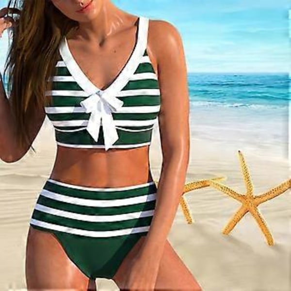 Dame Badedrakt med Skulderstropper og Gråhvit Stripete Bikini Kort Tank Top Badedrakt (2XL grønn)