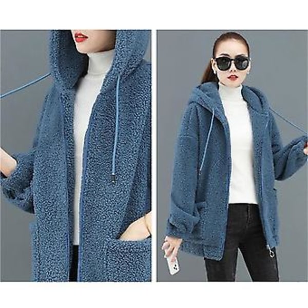 Tjock varm lammkappa för kvinnor, plusstorlek, huva, ytterplagg, dragkedja, cardigan, hoodie (M Blå)