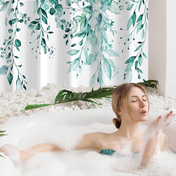 Teal Eucalyptus Duschdraperi, Akvarell Växtblad och Blommor