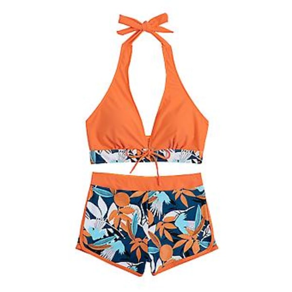 Damebladtrykt Polstret Bikini Sæt Halterneck BH Sløjfe Top Højtaljet Boy Shorts Badetøj Sommer Strand Badetøj (XL Orange)