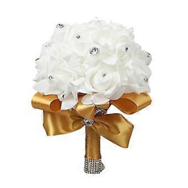 Kunstig Brudebuket, Rosebuket til Brud og Brudepiger med Krystaldiamant Bløde Bånd, Brudepiger Holder Blomster (Guld)