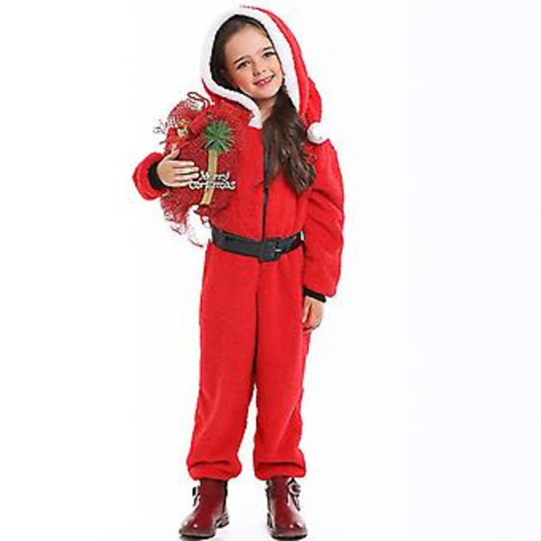 Röd Huvad Jumpsuit Helkroppspyjamas Jultomte Cosplay Julparty Kostym (M Barn)