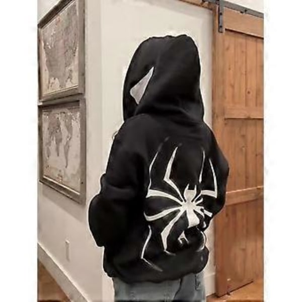 Mörk Spindeltryckt Hoodie Pullover Tröja High Street Retro Lös Hip Hop Punk Kpop Dans Vinterkläder Långärmad Topp (L Svart)