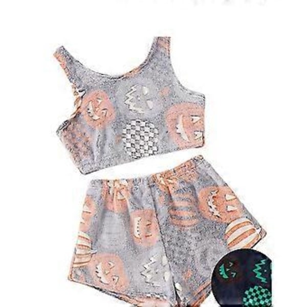 Spöklikt Västpyjamas Set Flanell, Kvinnor Halloween Tryck Glöd I Mörkret Nattkläder, Lysande Pyjamas Set (XL Orange)