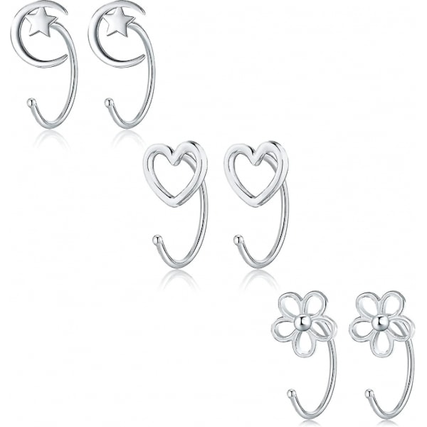 3 Pairs Half Hoop Earrings Sterling Silver Small Open Huggie Hoop