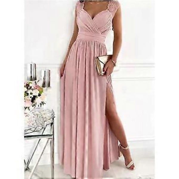 Dam Enfärgad A-linje Slim V-ringad Klänning Ärmlös Spetslapp Backless Split Maxi Lång Klänning (XL svart)