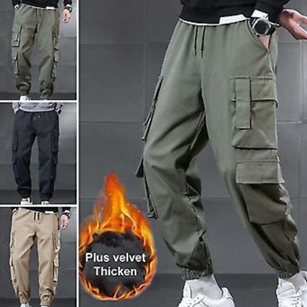 Fianao Mænds Bukser Fleece Elastisk Talje Tyk Multi Lommer Cargo Bukser til Skole (4XL Sort)
