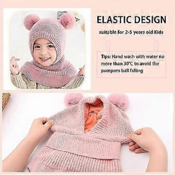 Vintervarm lue og skjerf, varm strikket hettelue med dobbel pompom-design, øreklaffer beanie-luer med fleecefôr for småjenter og gutter