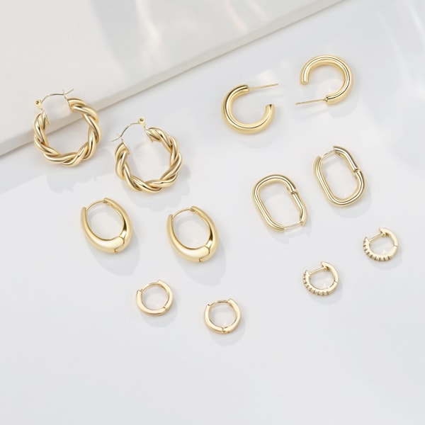 6 par guldörhängen för kvinnor, 925 sterling silver post 14K äkta guldpläterade tjocka örhängen set för kvinnor H