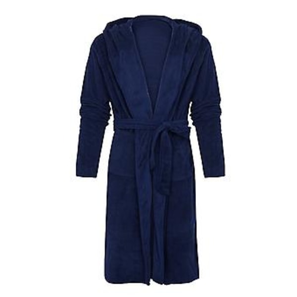 Pitkähihainen taskullinen vyöllä varustettu yksivärinen miesten kylpytakki, talvella lämmin, huppu, pitkä fleece, kotikäyttöön, yöasu (XL tummansininen)