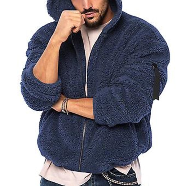 Miesten syksy-talvi takki Paksu kaksinkertainen fleece Yksivärinen Huppu Löysä vetoketjullinen Pehmeä pitkähihainen Taskut Kylmänkestävä takki (XL Tummansininen)