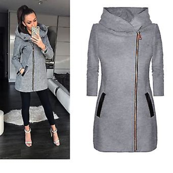 Vinterjakke til kvinder med hætte & lommer Side lynlås Mellem lang frakke (3XL Grå)