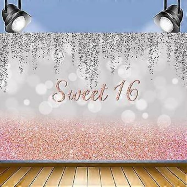 Happy Sweet 16th Birthday Banner Bakgrundsdekorationer för Flickor Roséguld Sweet 16 Birthday Party Skyltar Tillbehör Rosa Sweet Sixteen Birthday Poster Bac