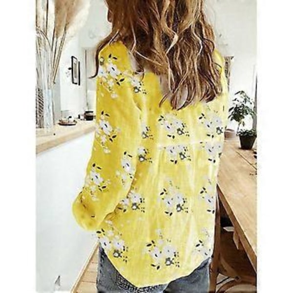 Forår Efterår Blomsterprint Skjorte Casual Løs Langærmet Bomuld Linned Skjorter Plus Size Dame Toppe (4XL gul)