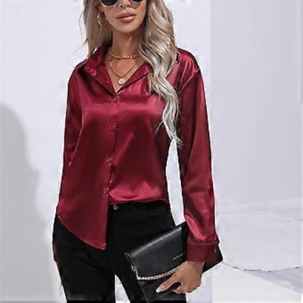 Forår Efterår Satin Bluse Imitation Silke Langærmet Skjorte til Dame Plus Size Løse Toppe (XXL bordeaux)
