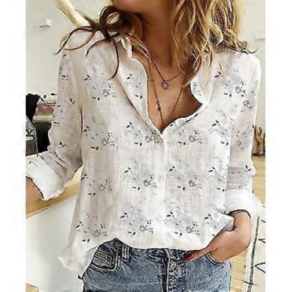 Forår Efterår Blomsterprint Skjorte Casual Løs Langærmet Bomuld Linned Skjorter Plus Size Dame Toppe (S hvid)