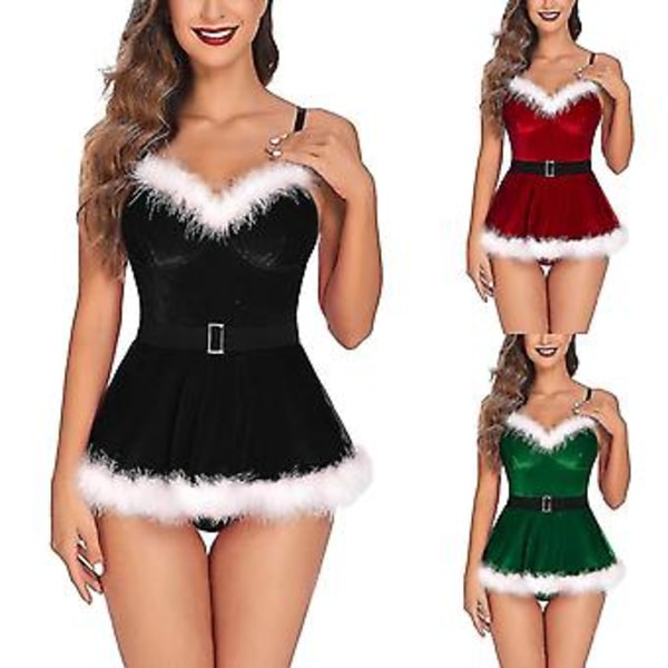 Damunderkläder Set Nattkläder Stålring Pyjamas Strumpebandsklänning Set Sexig Jul Plysch Slank Klänning Jultomten Cosplay Kostym (XL Grön)