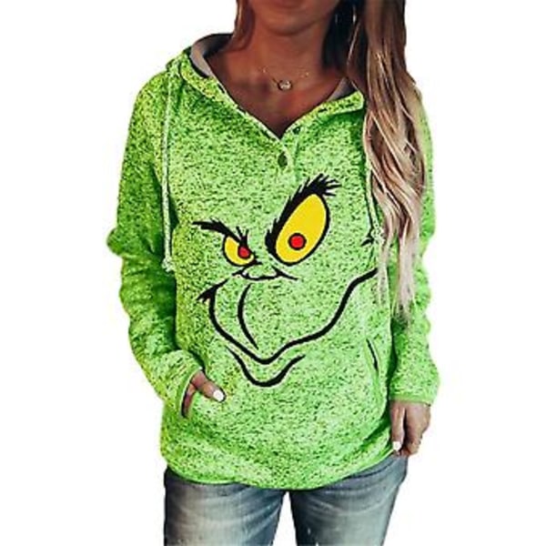 Julegenser for damer med morsom Grinch-trykk - hettegenser, genser, julefest, avslappet, baggy, topp, bluse (L)