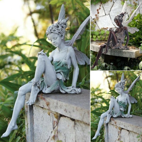 Sittende fe-statue, harpikshagepynt håndverk landskapsarbeid Ya