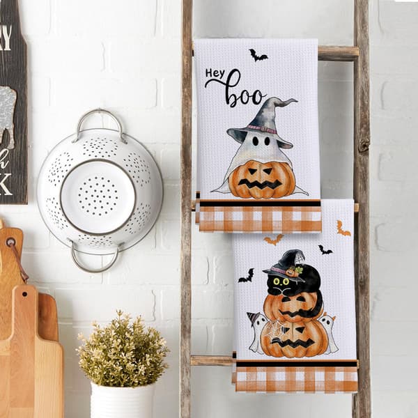 Halloween Spøgelse Græskar Køkkenhåndklæder, Festlige Trykte Vaffelviskestykker, Sæt med 2