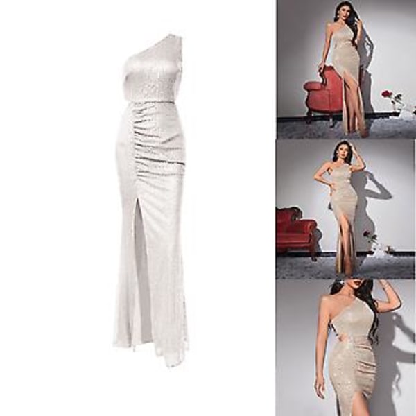 Vit En-axlad Lång Sekvensdress i Mermaid-Stil för Kvinnor (XS Vinröd)