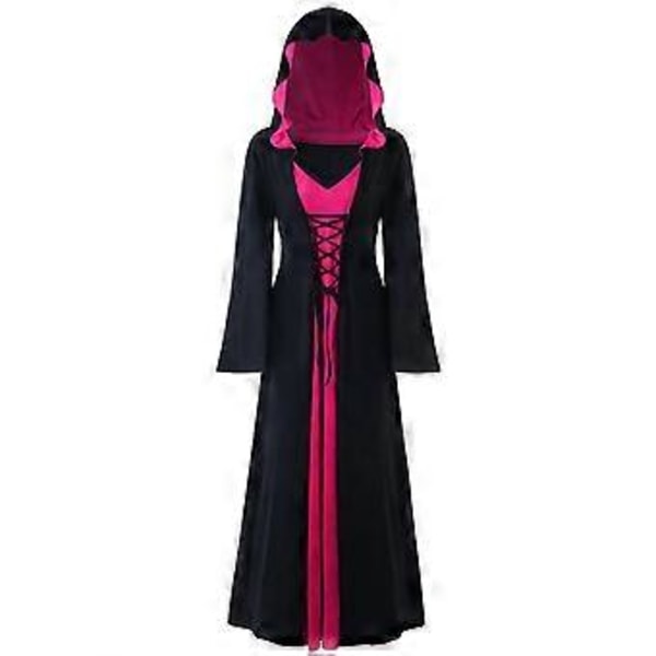 Dame Plus Size Halloween Hætteklædte Snøre Patchwork Langærmet Lang Kjole (XL Hot Pink)