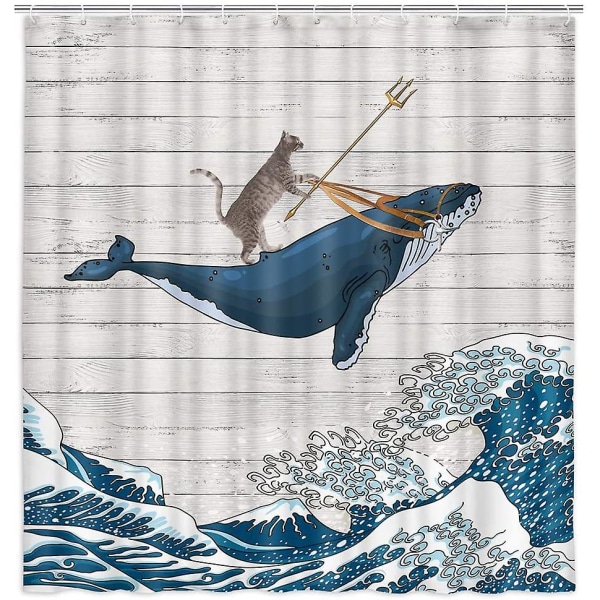 Funny Shower Curtain, Cool Cat Riding Whale In Ocean Wave Shower Curtain